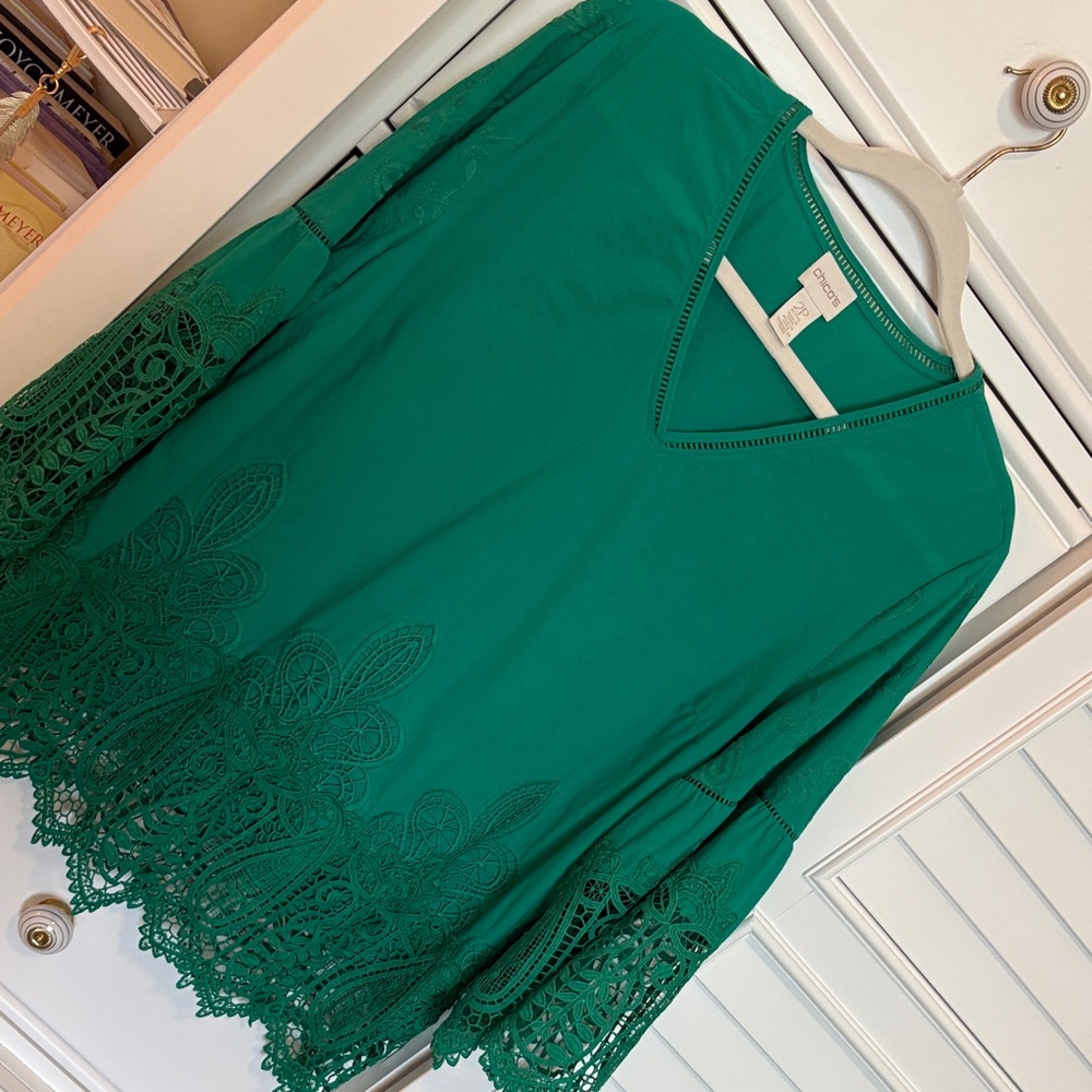 Chico's “Bright Kelly” green top with eyelet lace details
